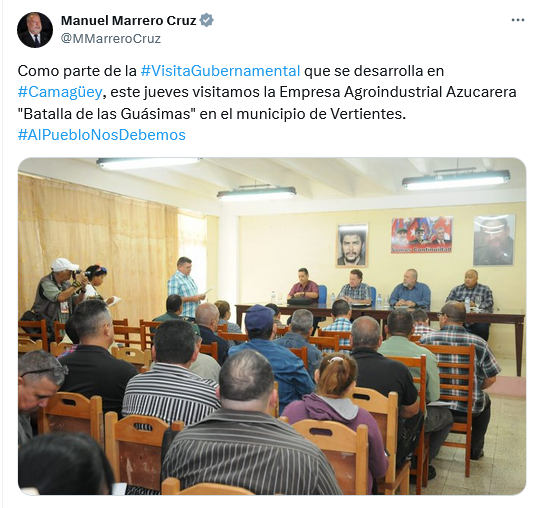 Screenshot 2024 04 19 at 08 42 37 20 Manuel Marrero Cruz en X Como parte de la VisitaGubernamental que se desarrolla en Camagüey este jueves visitamos la Empresa Agroindustrial Azucarera Batalla de las Guásimaspng